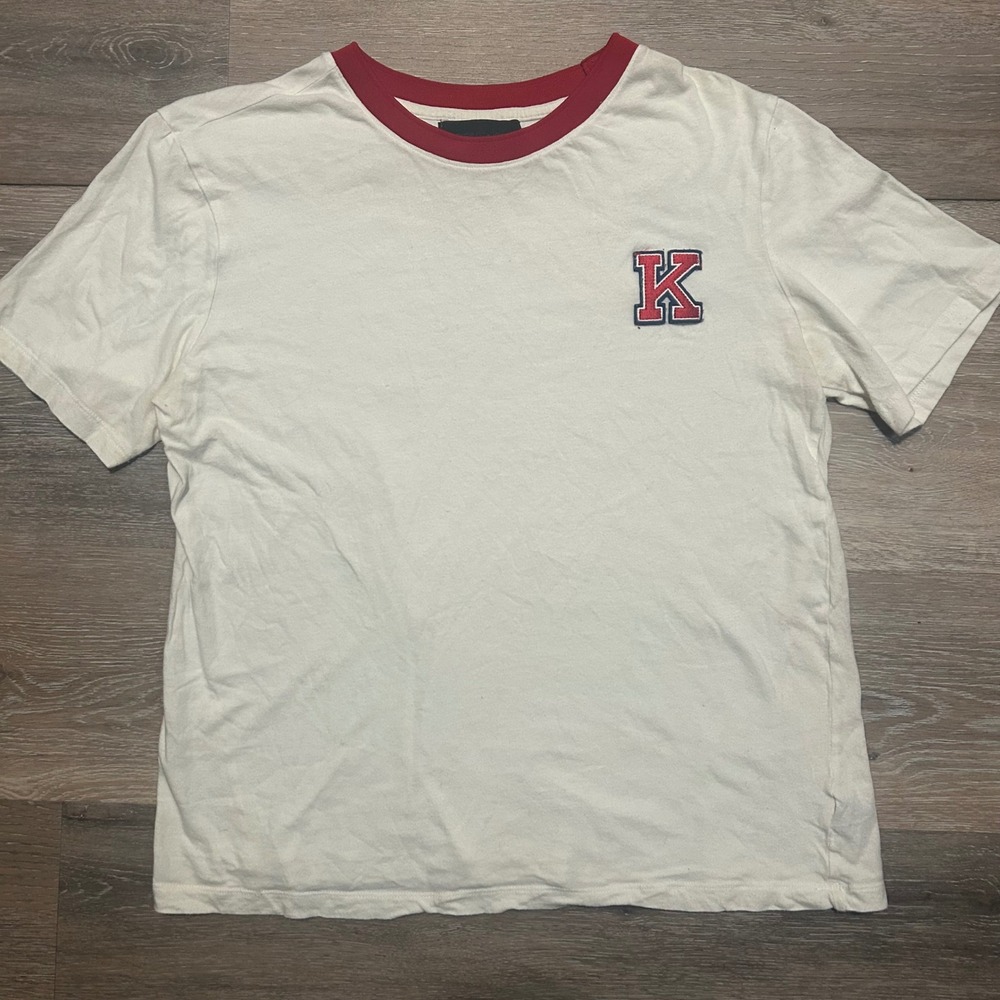 Kendall + Kylie Ringer T-Shirt Letter Patch Casual Tee Top White Red L